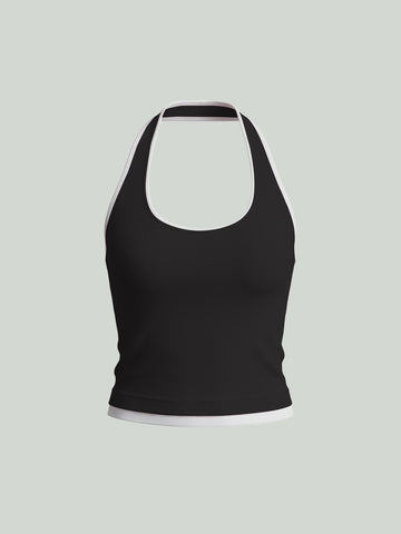 Ribbed Contrast Trim Halter Tank Top