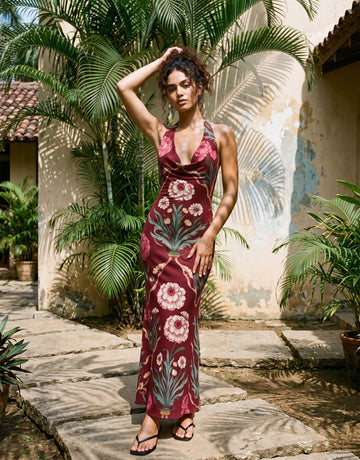 LILA Floral Print Cowl Neck Bodycon Midi Dress