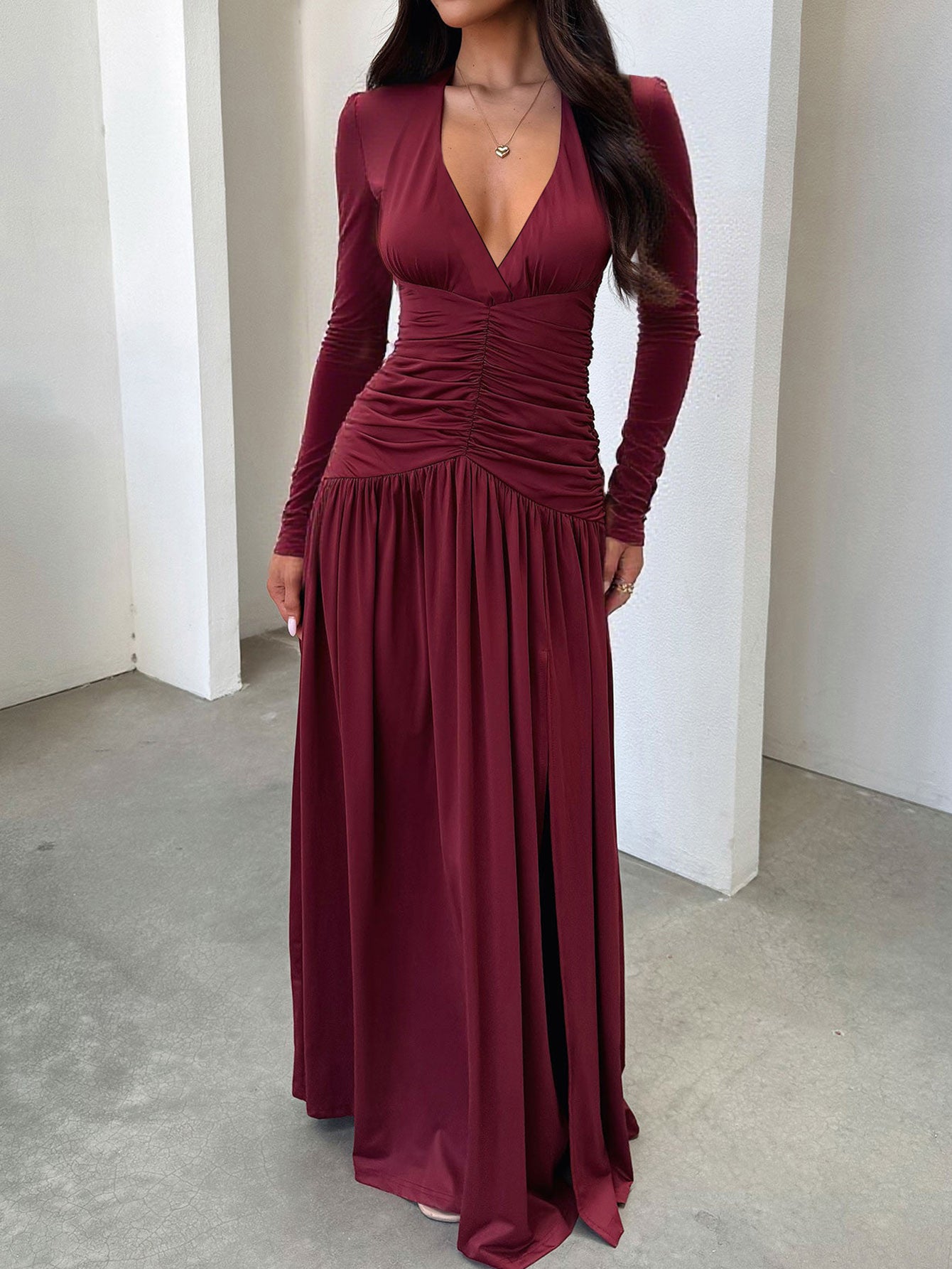 Long-Sleeve Shirred-Bodice Deep-V Elegance Maxi Dress