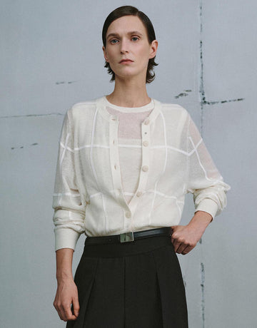 Urban Revivo Crew Neck Contrast Check Knitted Cardigans-Ivory Check