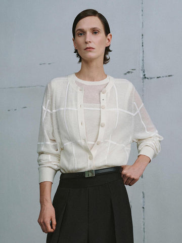Urban Revivo Crew Neck Contrast Check Knitted Cardigans-Ivory Check