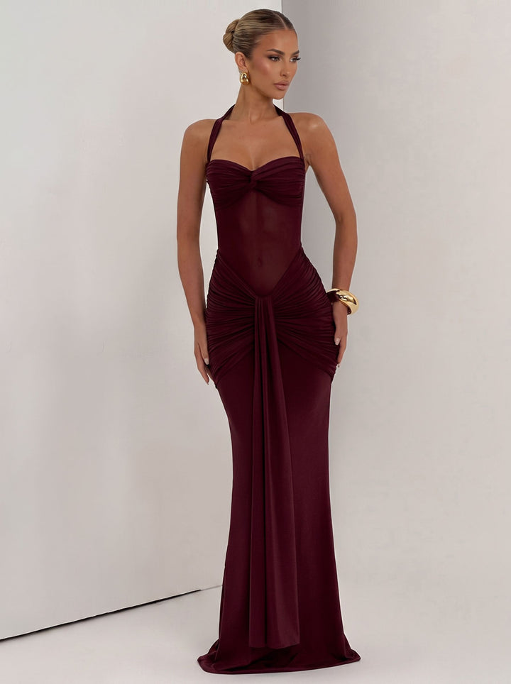 Sexy Halter Mesh Insert Maxi Dress