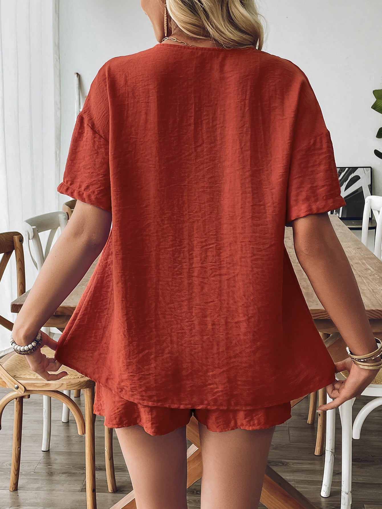 V-Neck Tie-Front Casual Shorts Set