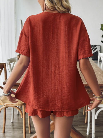 V-Neck Tie-Front Casual Shorts Set
