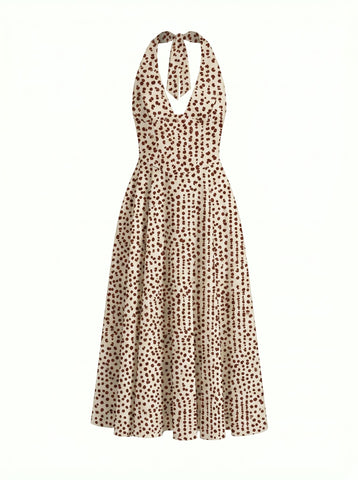 Floral Print Halter Neck Tie Back Midi Dress