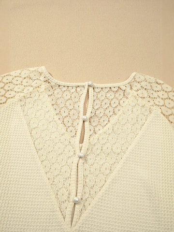 Waffle Knit Lace Sleeve T Shirt
