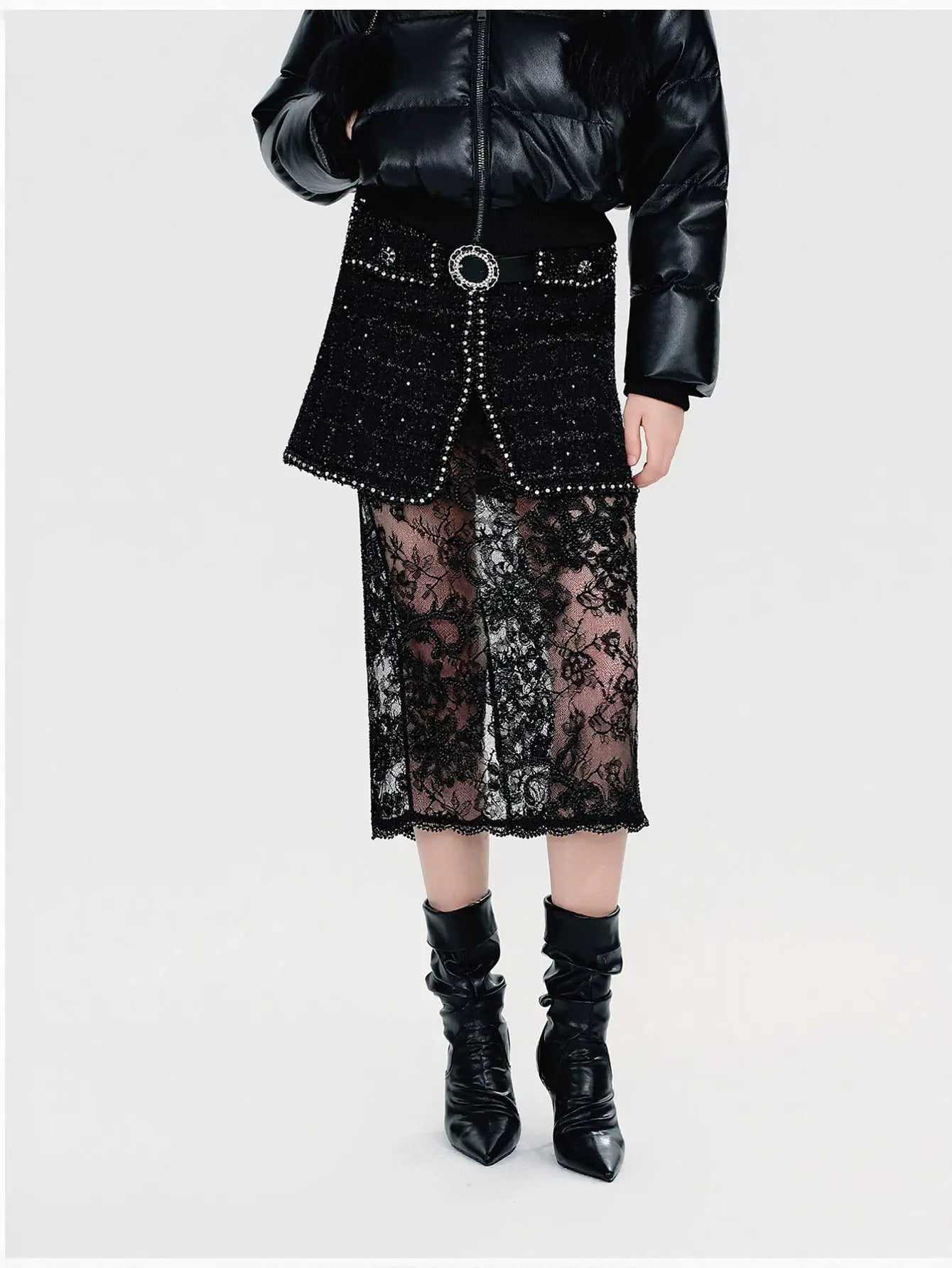 Embellished Tweed Lace Midi Skirt