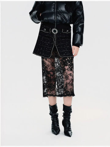 Embellished Tweed Lace Midi Skirt