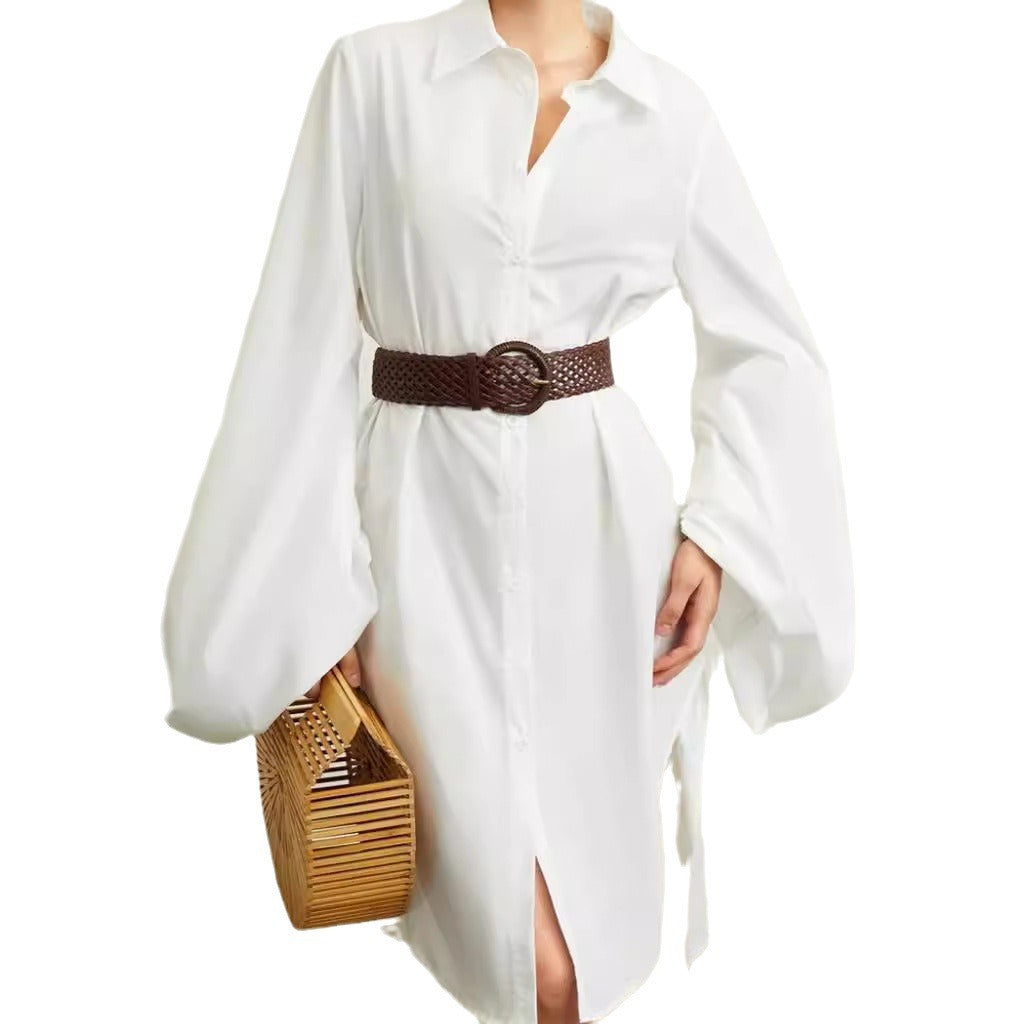 Oversized Balloon Sleeve White Shirt Dress