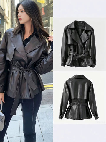 Oversized Belted Faux Leather Jacket