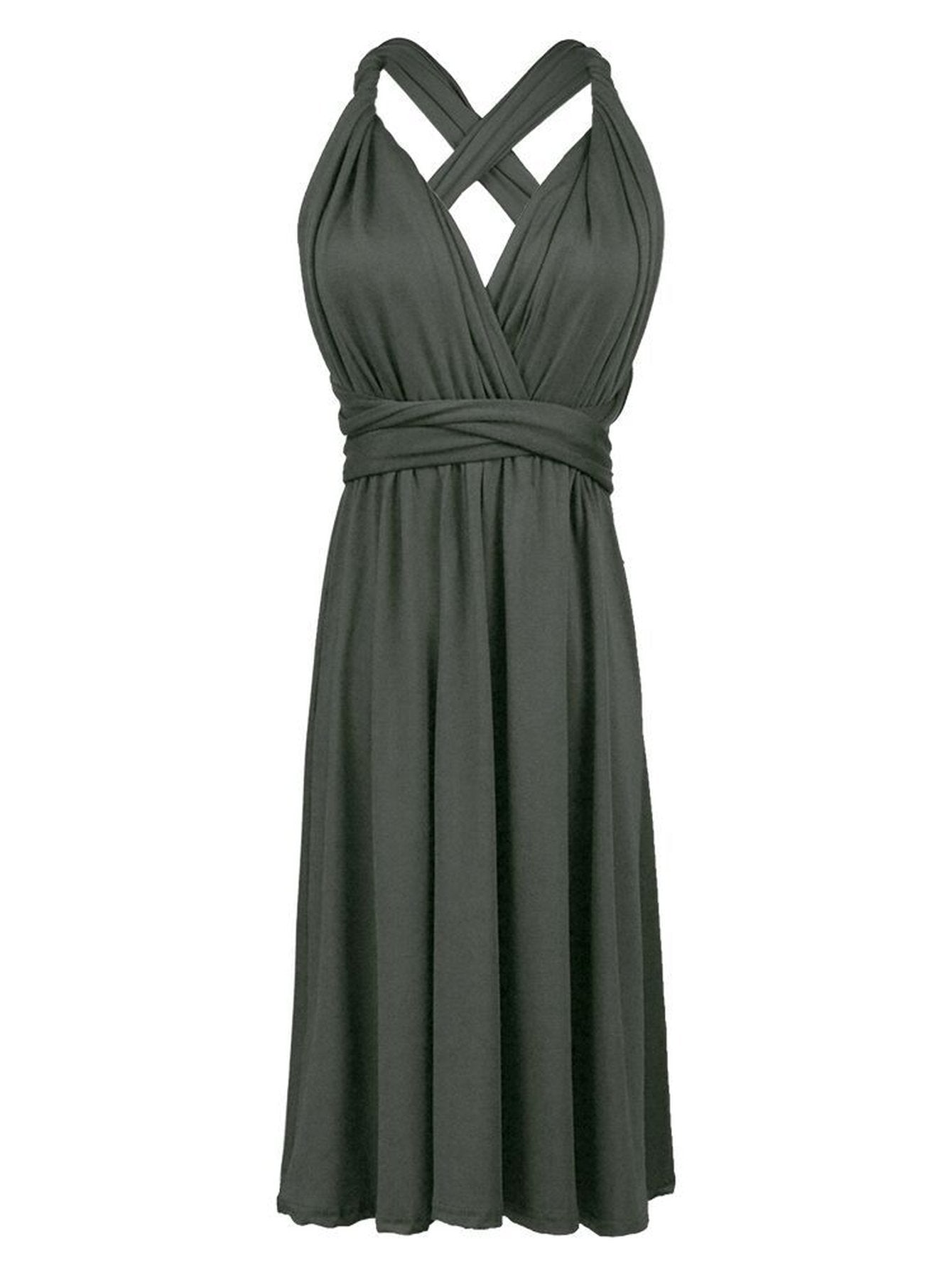 Deep V-Neck Pleated Cinched-Waist Elegant Midi Dress