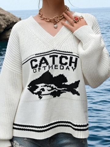 Oversized Graphic V Neck Knit Sweater