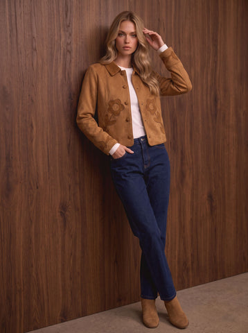 Embroidered Suede Button Up Jacket