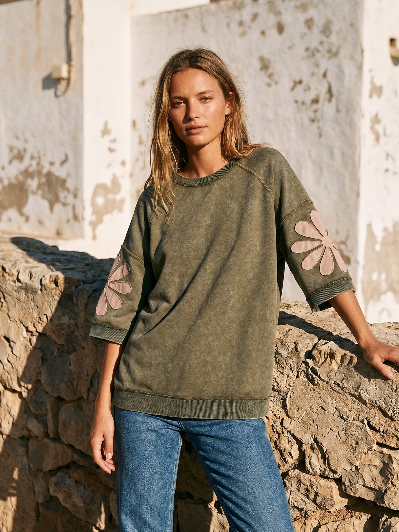 Vintage Wash Floral Applique Sweatshirt