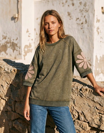 Vintage Wash Floral Applique Sweatshirt