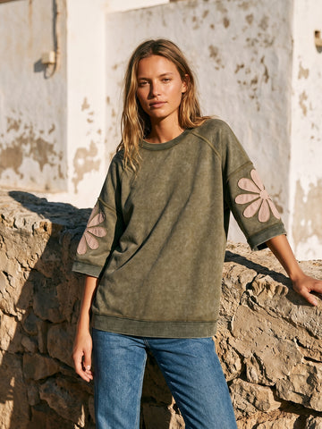 Vintage Wash Floral Applique Sweatshirt