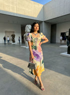 CORA Abstract Watercolor Print Puff Sleeve Tie MidiDress