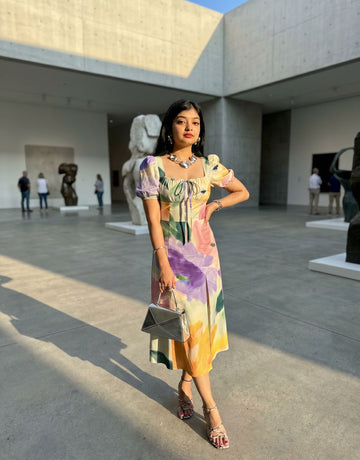 CORA Abstract Watercolor Print Puff Sleeve Tie MidiDress