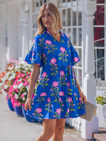 Floral Print Tie Neck Mini Dress
