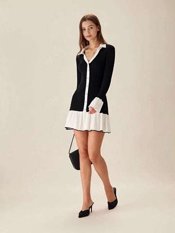 Contrast Button Down Knit Mini Dress