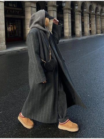 Double Breasted Striped Wool Coat