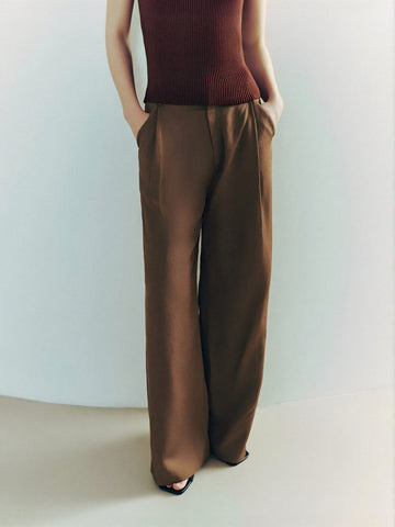 Urban Revivo Loose Wide-Leg Pants-Deep Coffee Brown