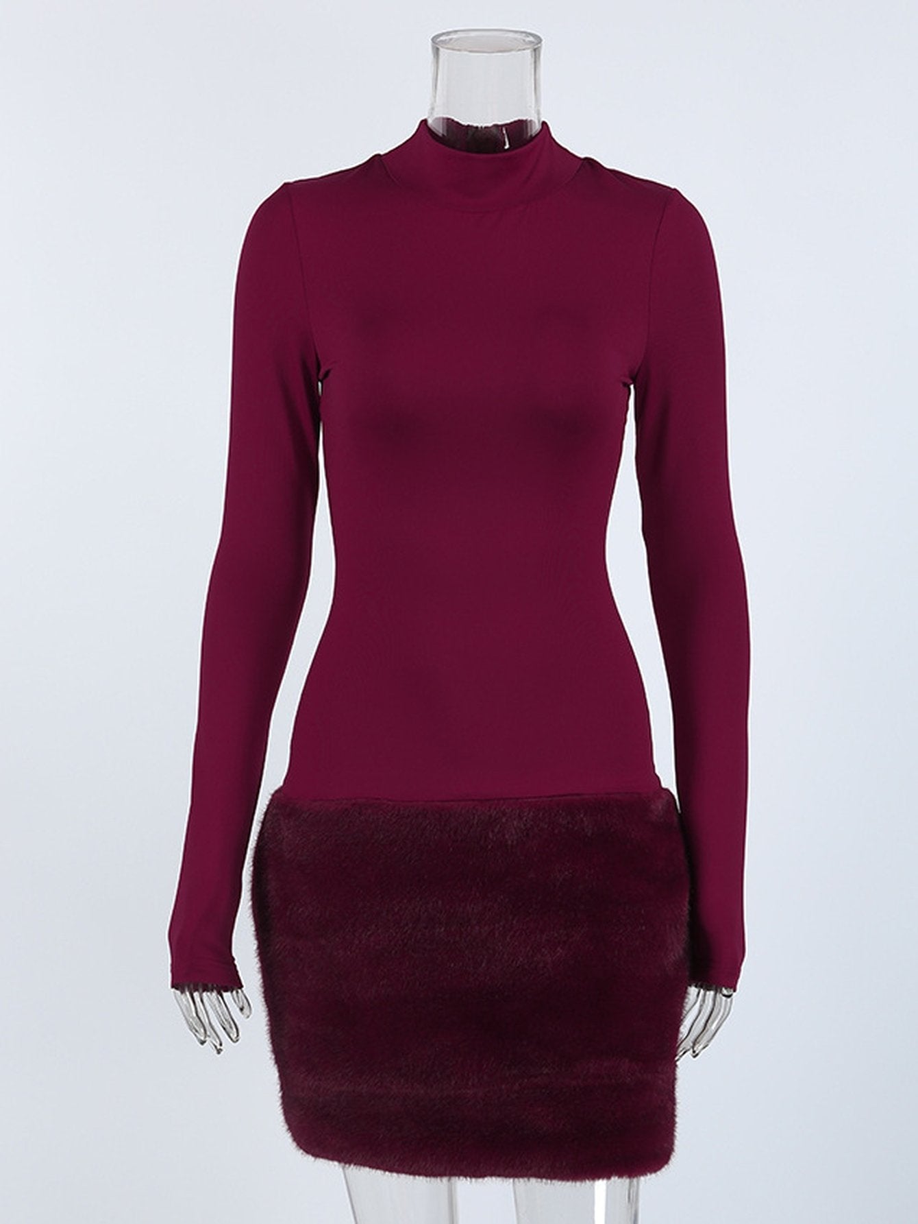Faux Fur Trim Mock Neck Dress