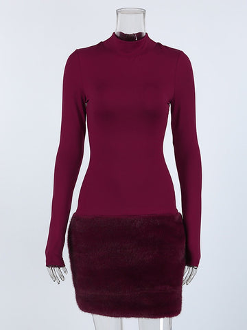 Faux Fur Trim Mock Neck Dress