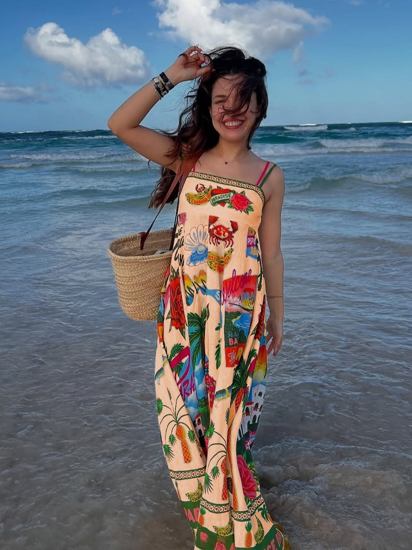 Tropical Print Spaghetti Strap Midi Dress