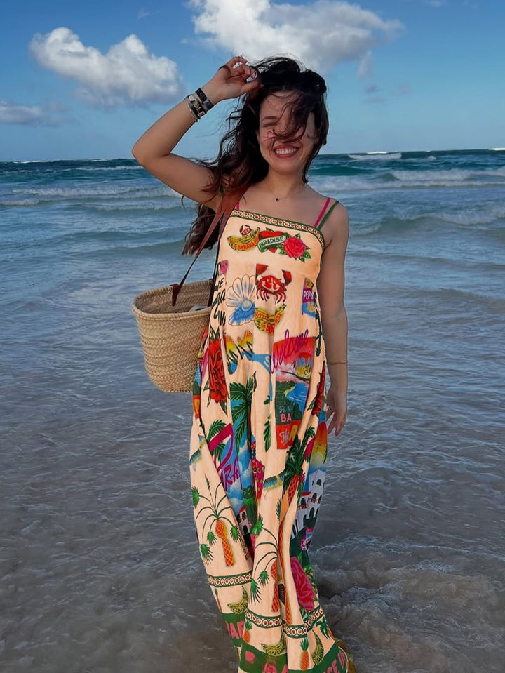 Tropical Print Spaghetti Strap Midi Dress