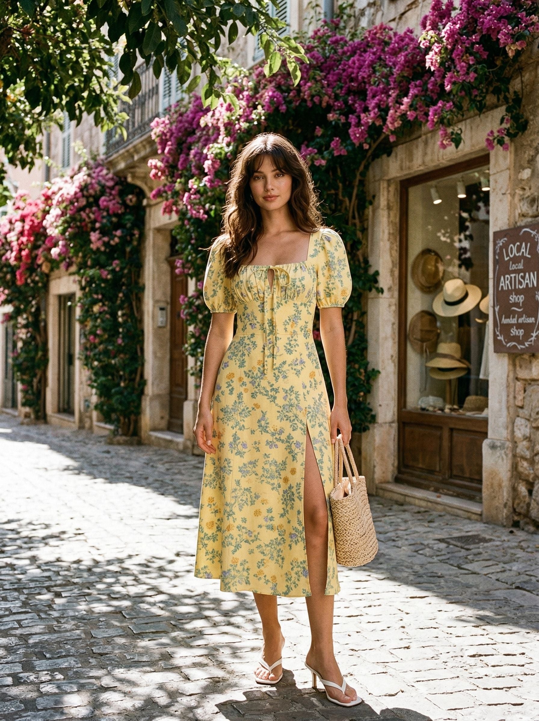 Floral Print Puff Sleeve Tie MidiDress