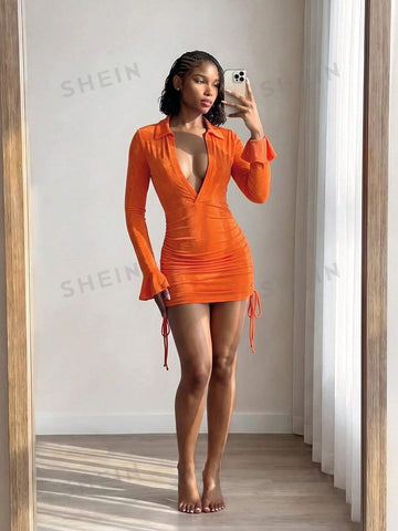 Plunging Ruched Bodycon Mini Dress