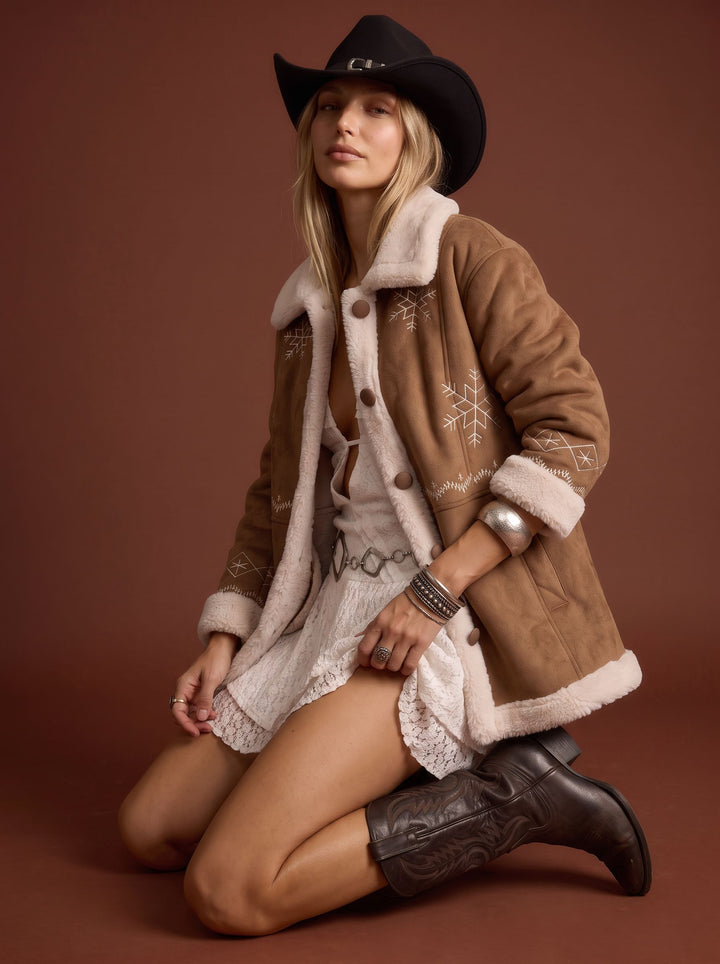 Embroidered Snowflake Faux Suede Sherpa Coat