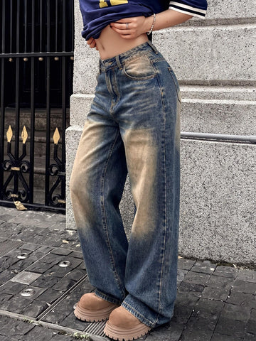 Vintage Wash High Waisted Wide Jeans