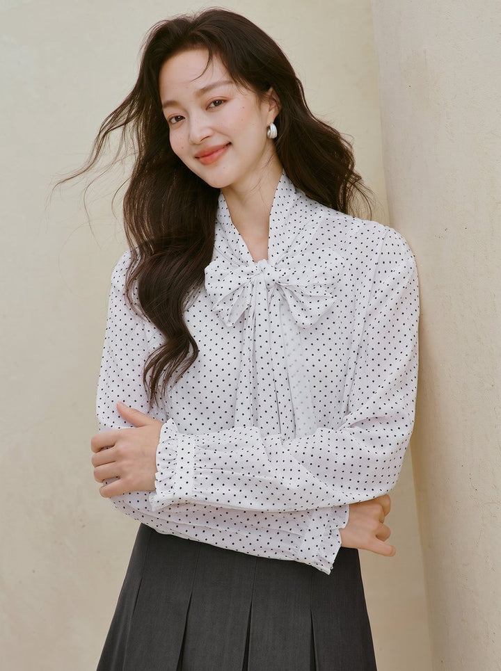 Elegant Polka Dot Tie Neck Blouse