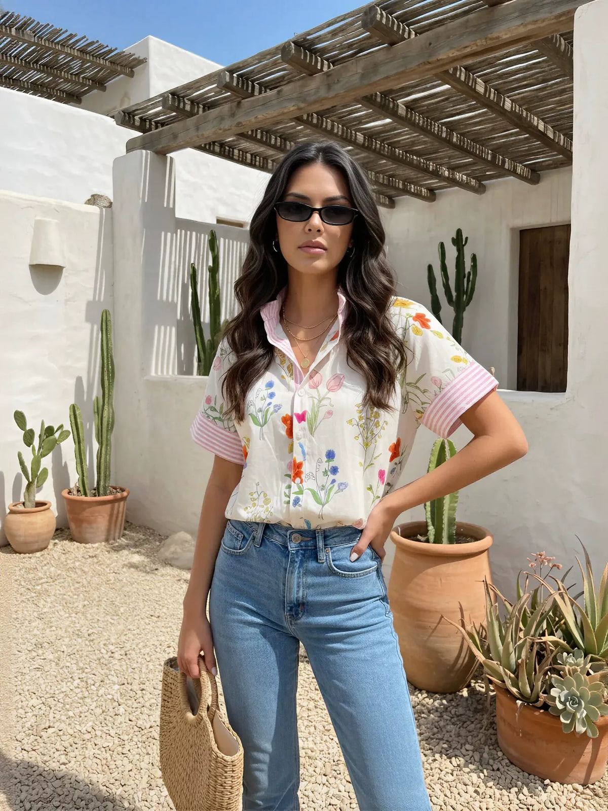 Floral Striped Short Sleeve Button Shirt