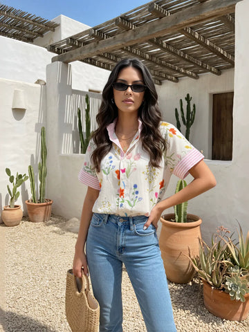 Floral Striped Short Sleeve Button Shirt