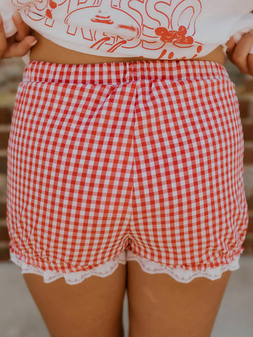 Checkered Pattern Lace Trim Shorts