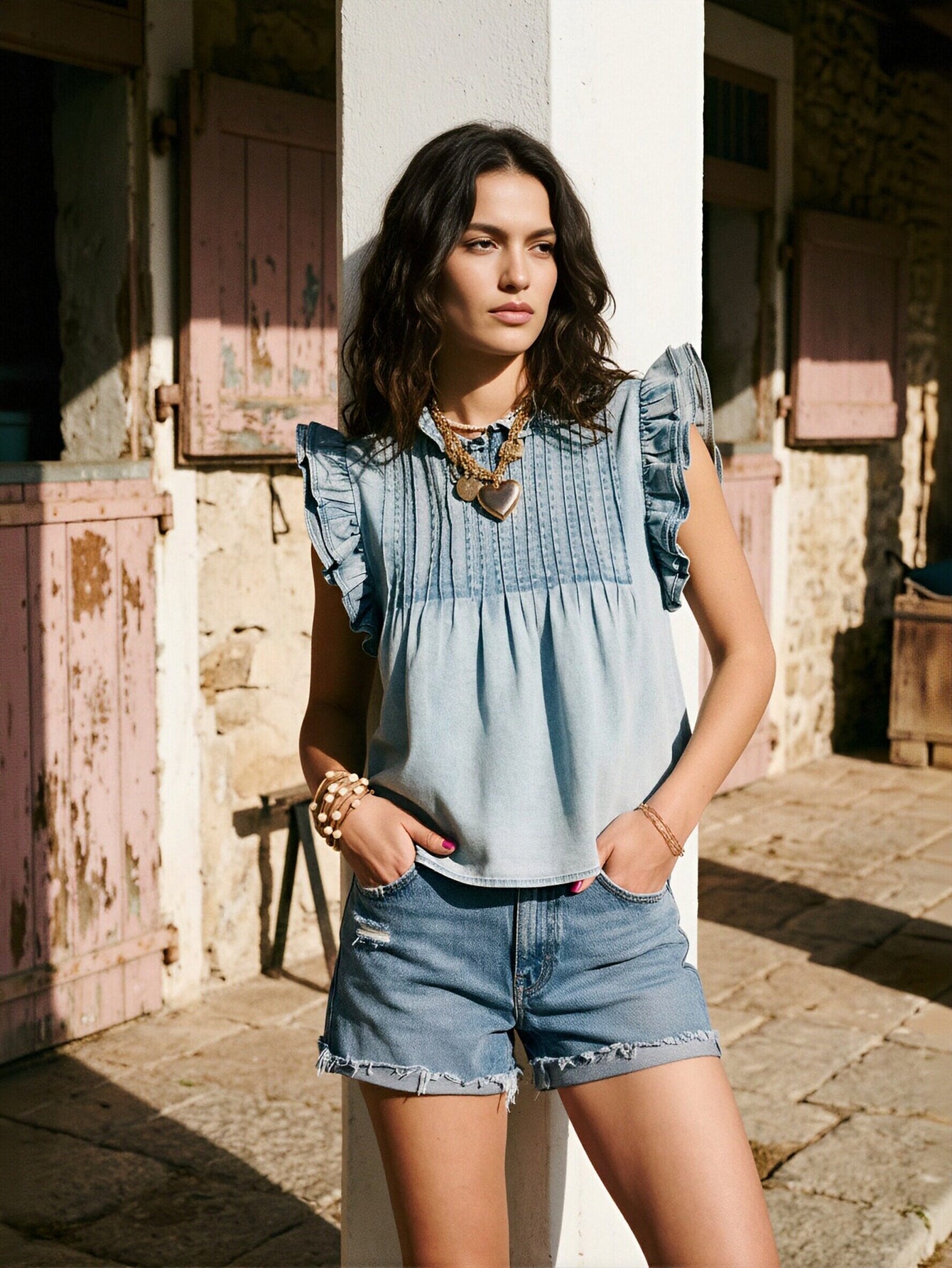 Pleated Detail Ruffle Sleeve Denim Top