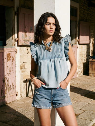 Pleated Detail Ruffle Sleeve Denim Top