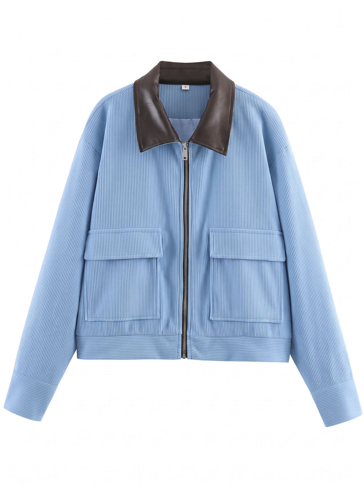 Contrast Collar Corduroy Zip Jacket