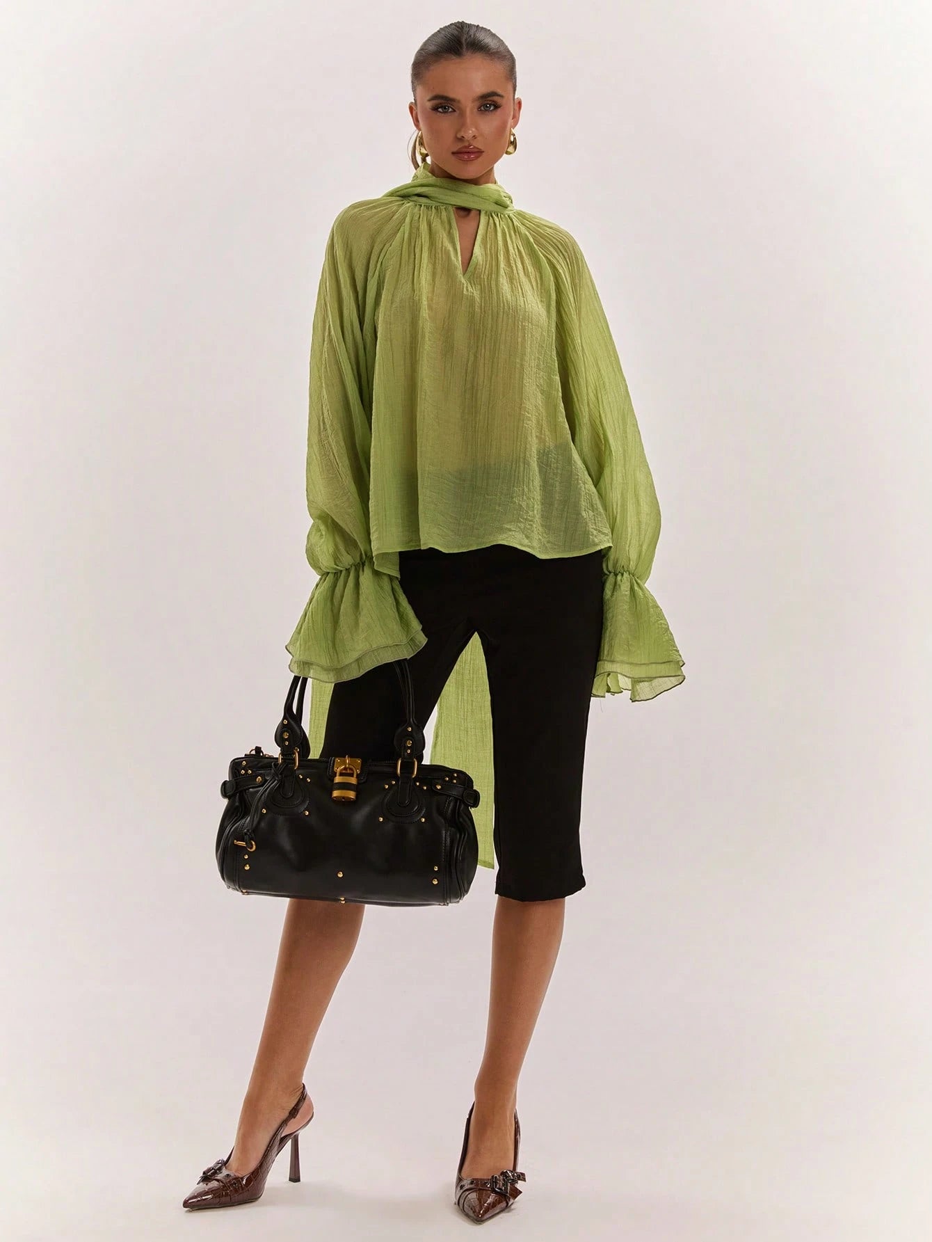 Sheer Flowy Bell Sleeve Blouse
