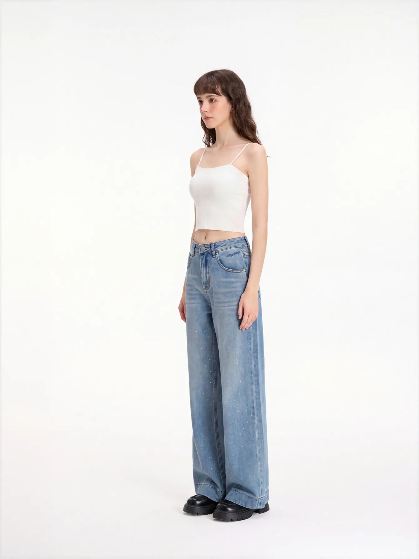 Lace Trim High Waisted Wide Leg Jeans