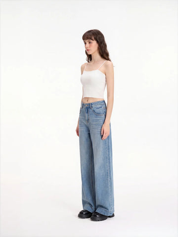 Lace Trim High Waisted Wide Leg Jeans