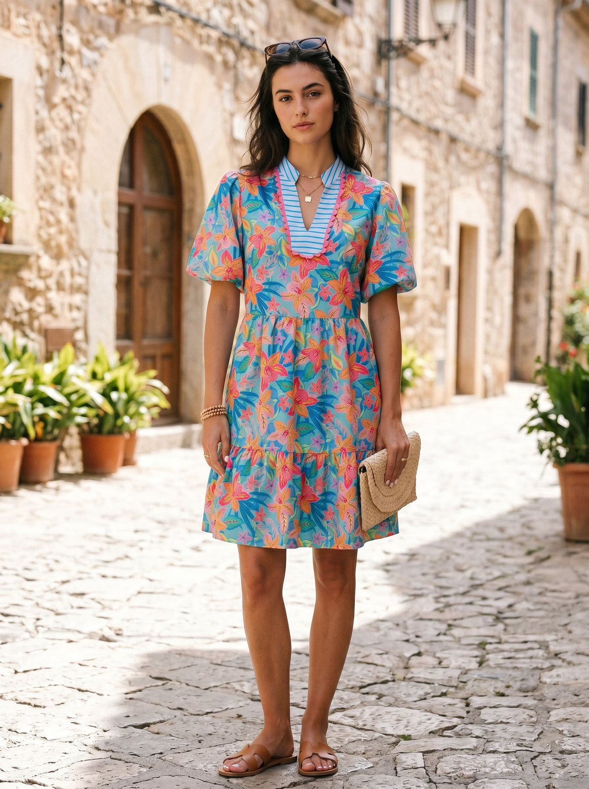Vibrant Floral Puff Sleeve Mini Dress