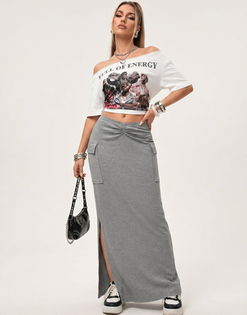 High Slit Cargo Maxi Skirt Set
