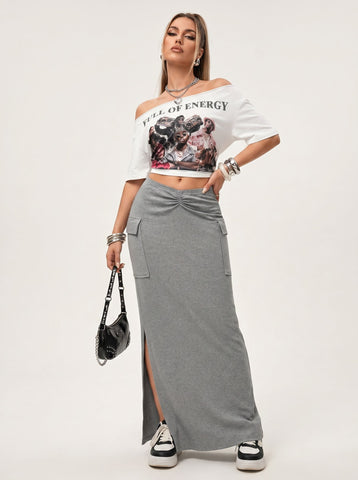 High Slit Cargo Maxi Skirt Set