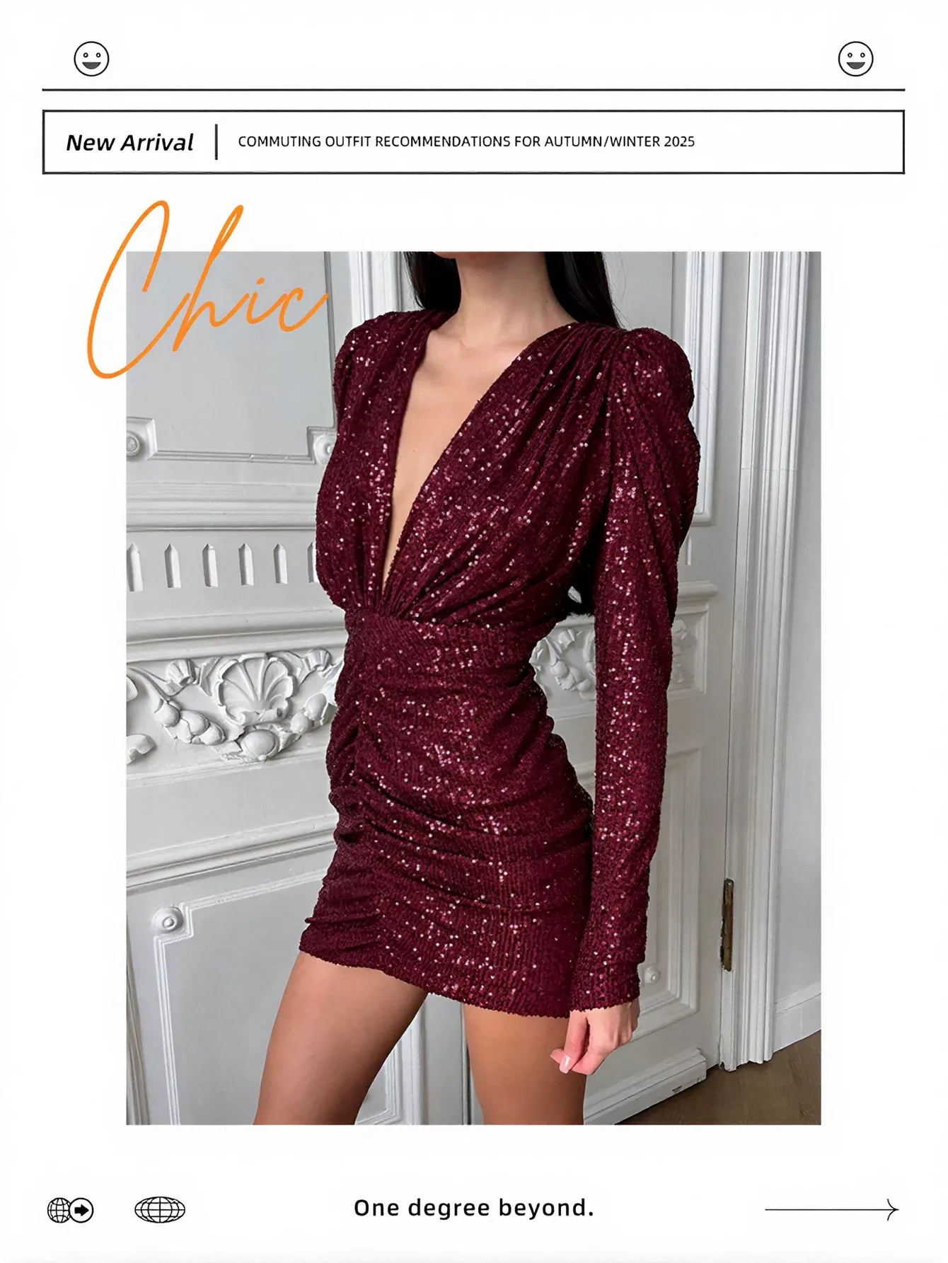 Deep V Neck Ruched Sequin Dress