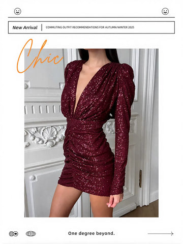 Deep V Neck Ruched Sequin Dress