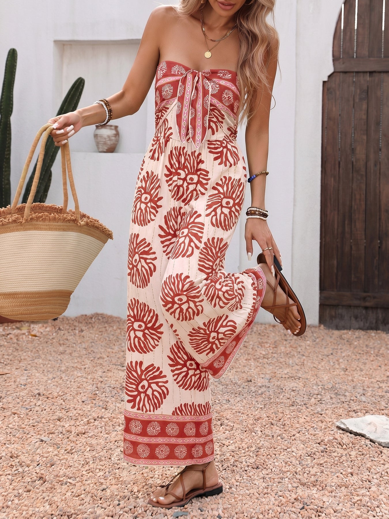 Boho Tie Front Wide Leg Jumpsuit